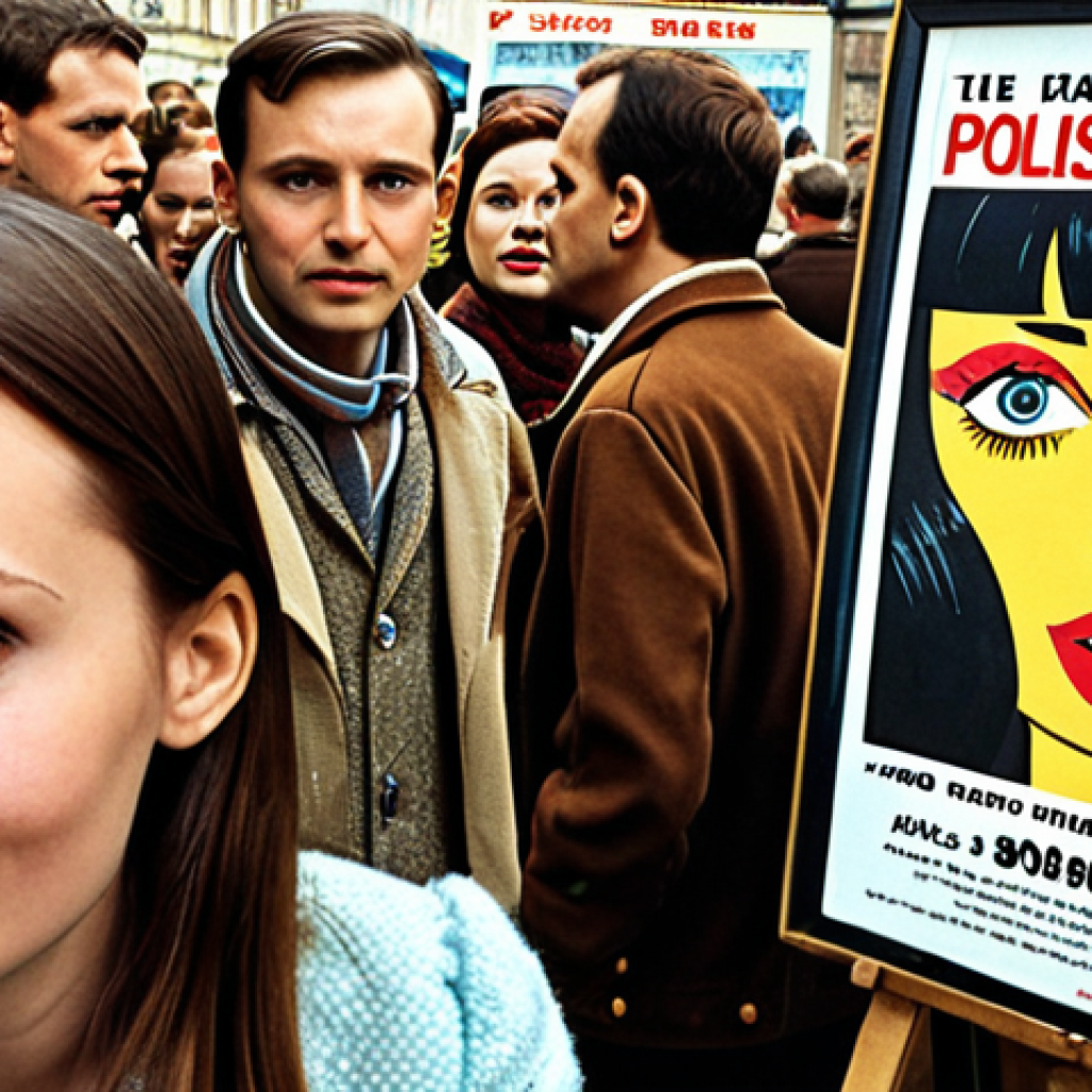 **

Prompt: A bustling flea market scene in Warsaw. Focus on a collector's eyes lighting up as they discover a vintage Polish movie poster from the 1960s. The poster should be slightly worn but vibrant. Emphasize the joy of finding a hidden gem. Style: Photorealistic.

**