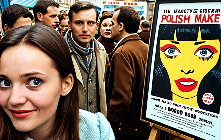 **

Prompt: A bustling flea market scene in Warsaw. Focus on a collector's eyes lighting up as they discover a vintage Polish movie poster from the 1960s. The poster should be slightly worn but vibrant. Emphasize the joy of finding a hidden gem. Style: Photorealistic.

**